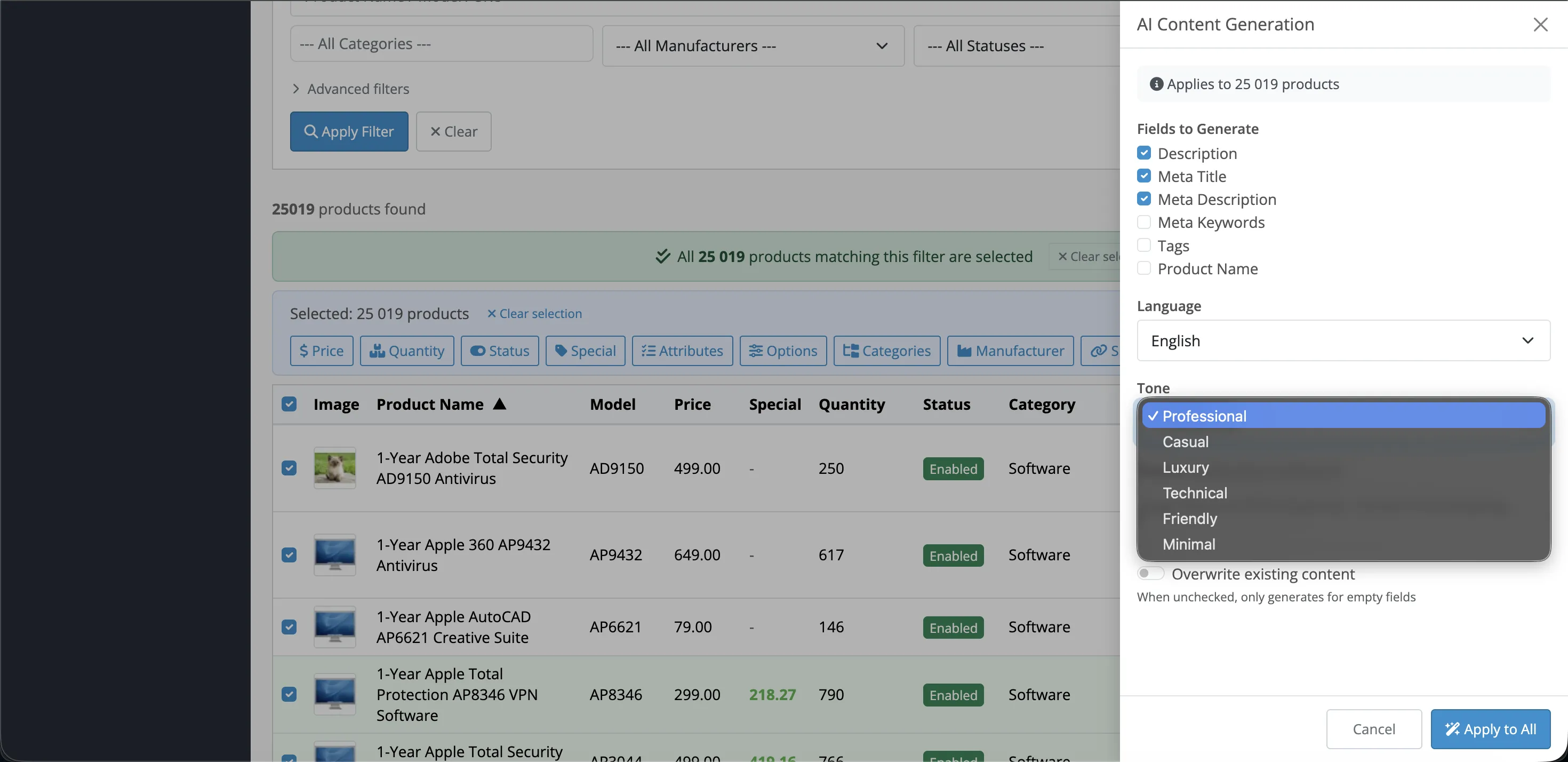 AI Content Generation settings — tone, preview, instructions