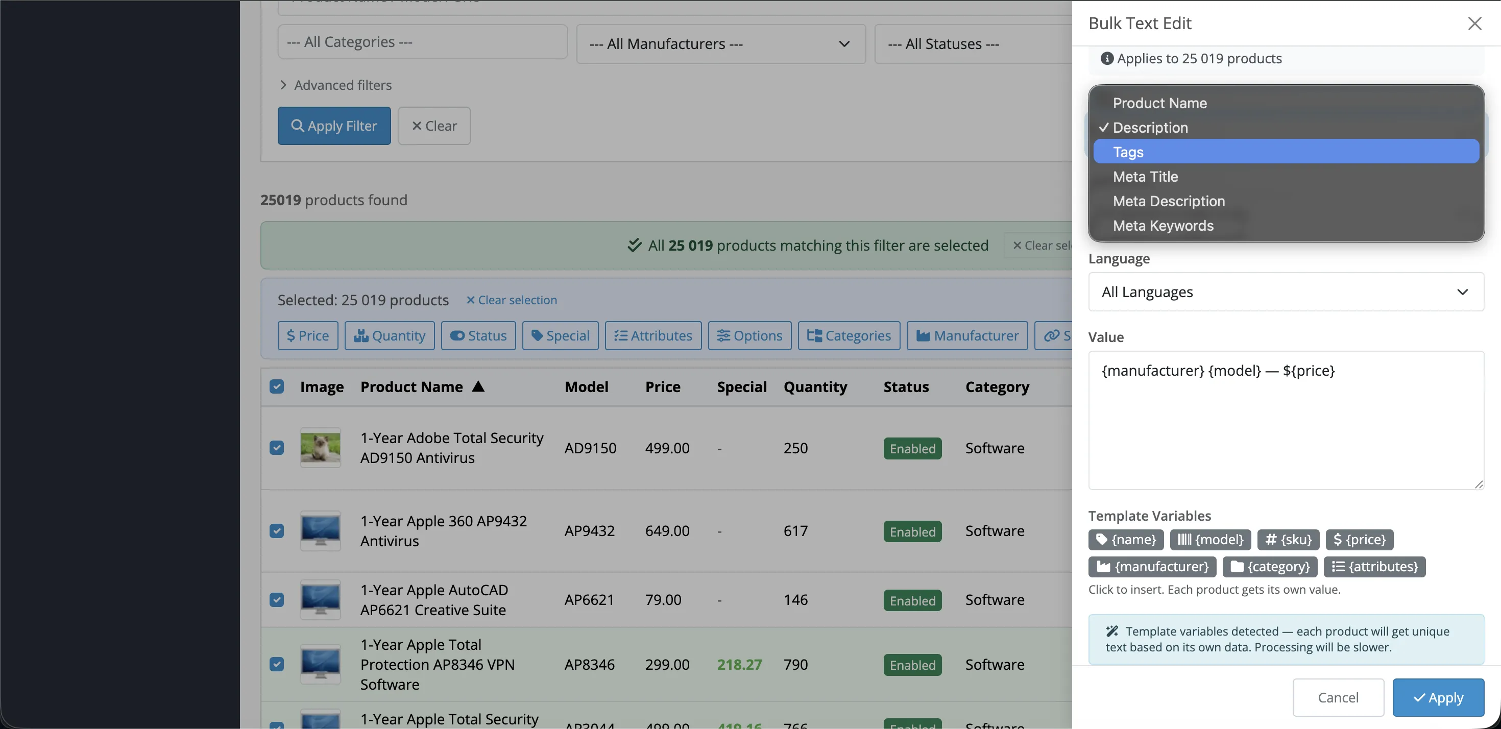 Bulk text field editing — 6 fields, operation selector