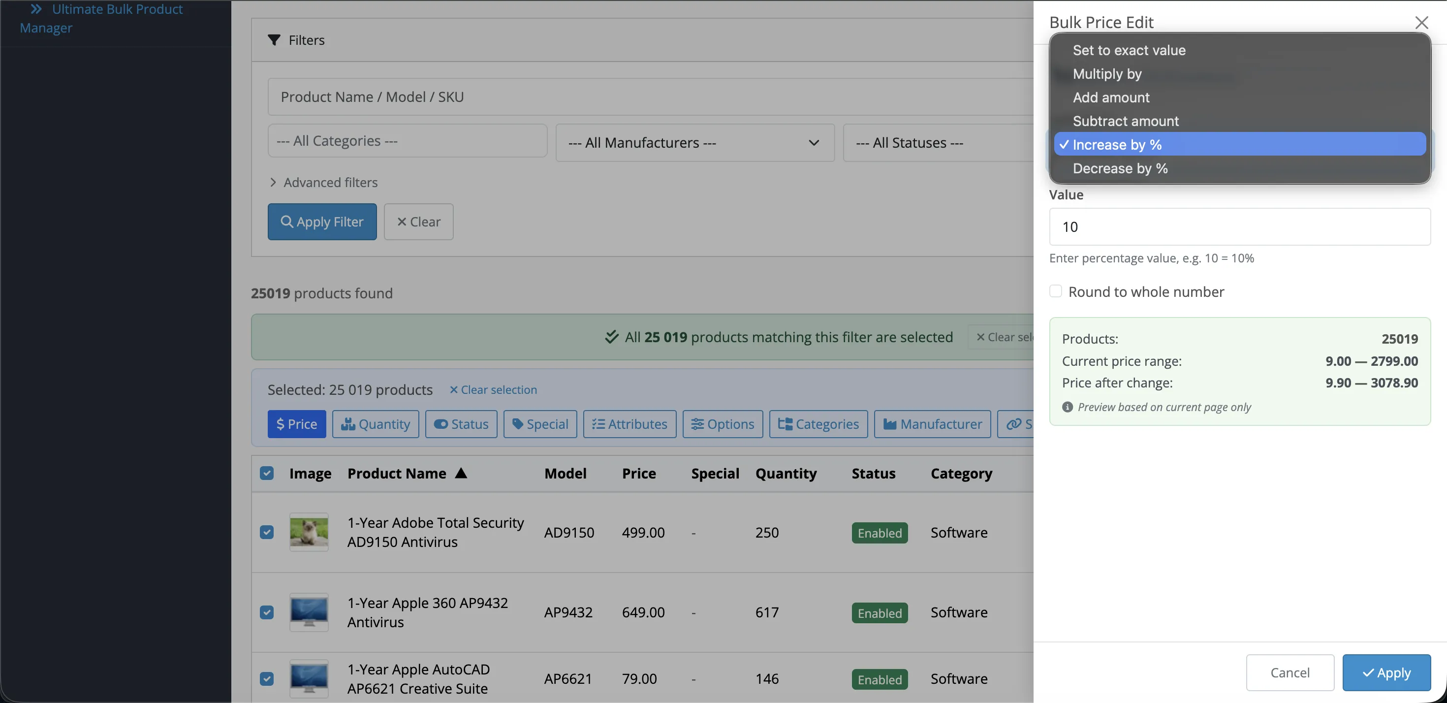 Bulk Price Edit — formula options and preview